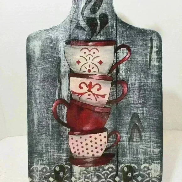 Hand Crafted Wooden Cutting Board with  Red Cup Design Tea Towel hook. - Picture 1 of 3